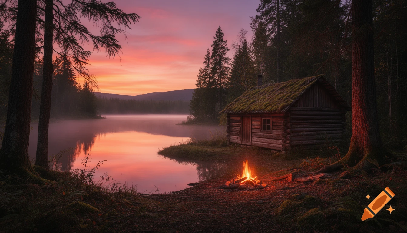 A rustic log cabin with a lit campfire by a misty lake, surrounded by a forest under a vibrant pink and orange sunset sky.