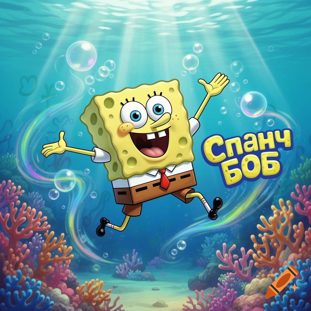 Spongebob Squarepants smiles and waves underwater amidst colorful coral and bubbles, with the text 'Спанч Боб'.