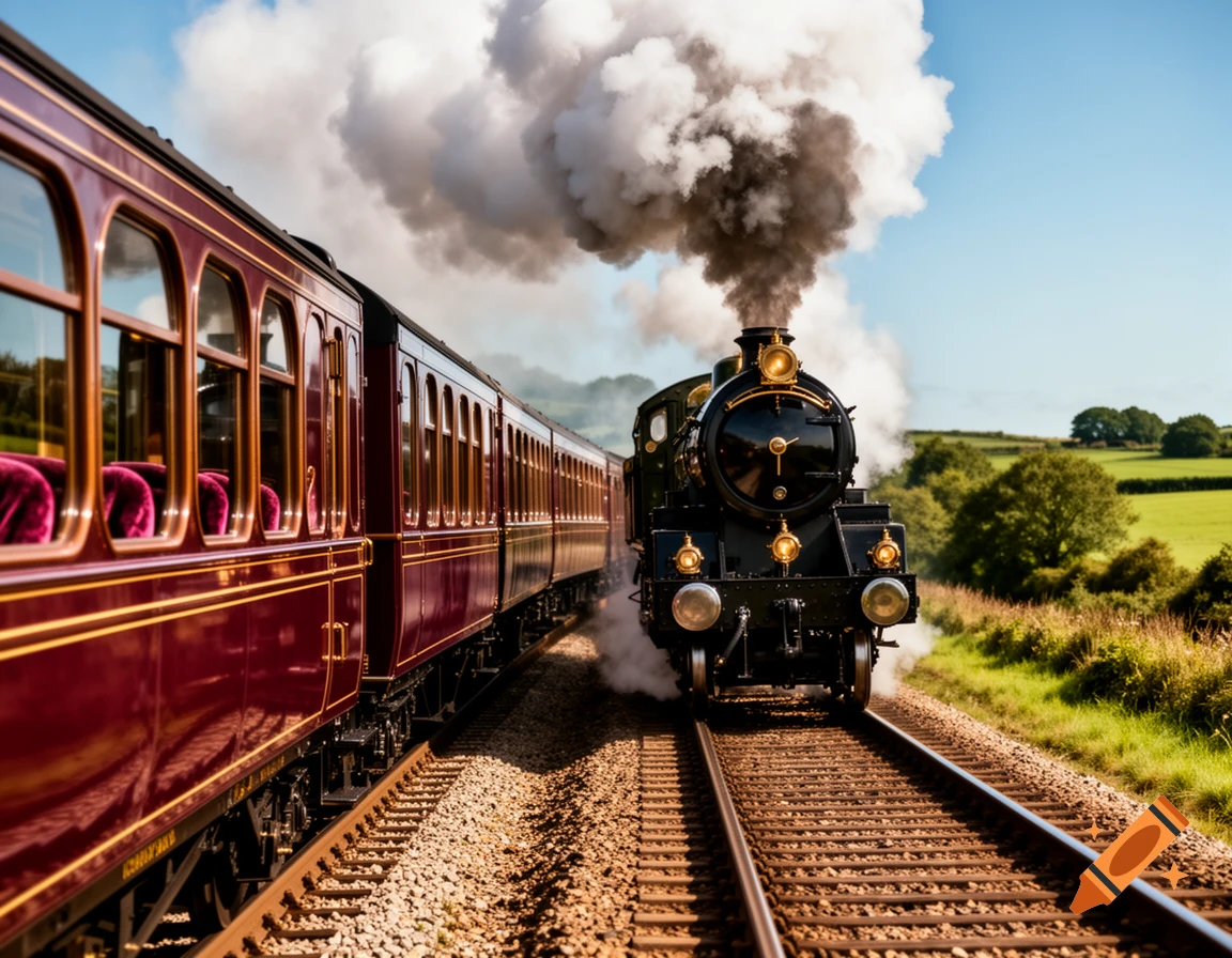 A vintage steam locomotive emits thick white smoke while passing red passenger carriages on parallel tracks in a lush green countryside.