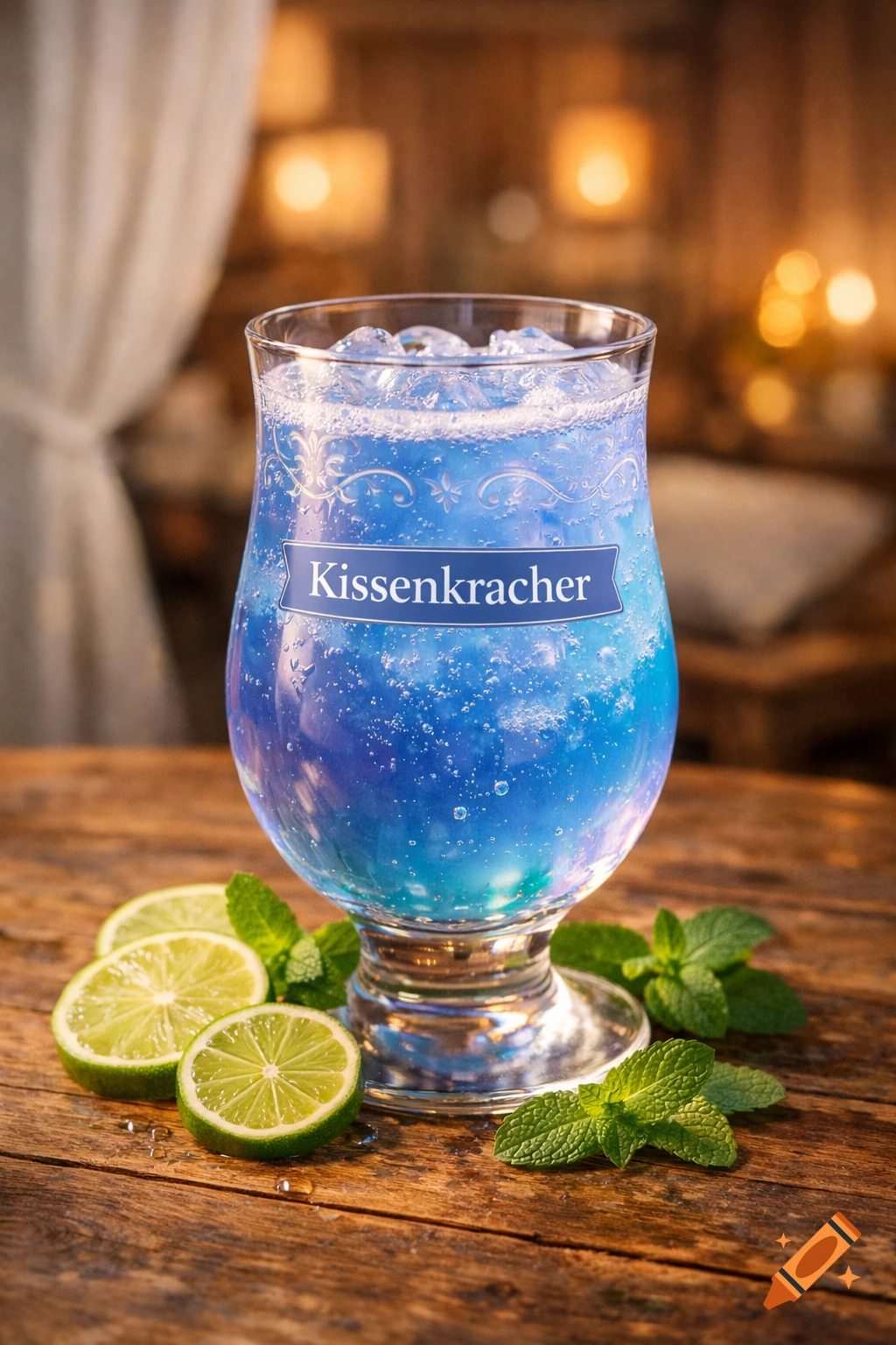 A vibrant blue iced drink with a 'Kissenkracher' label, garnished with lime slices and mint, on a wooden table.