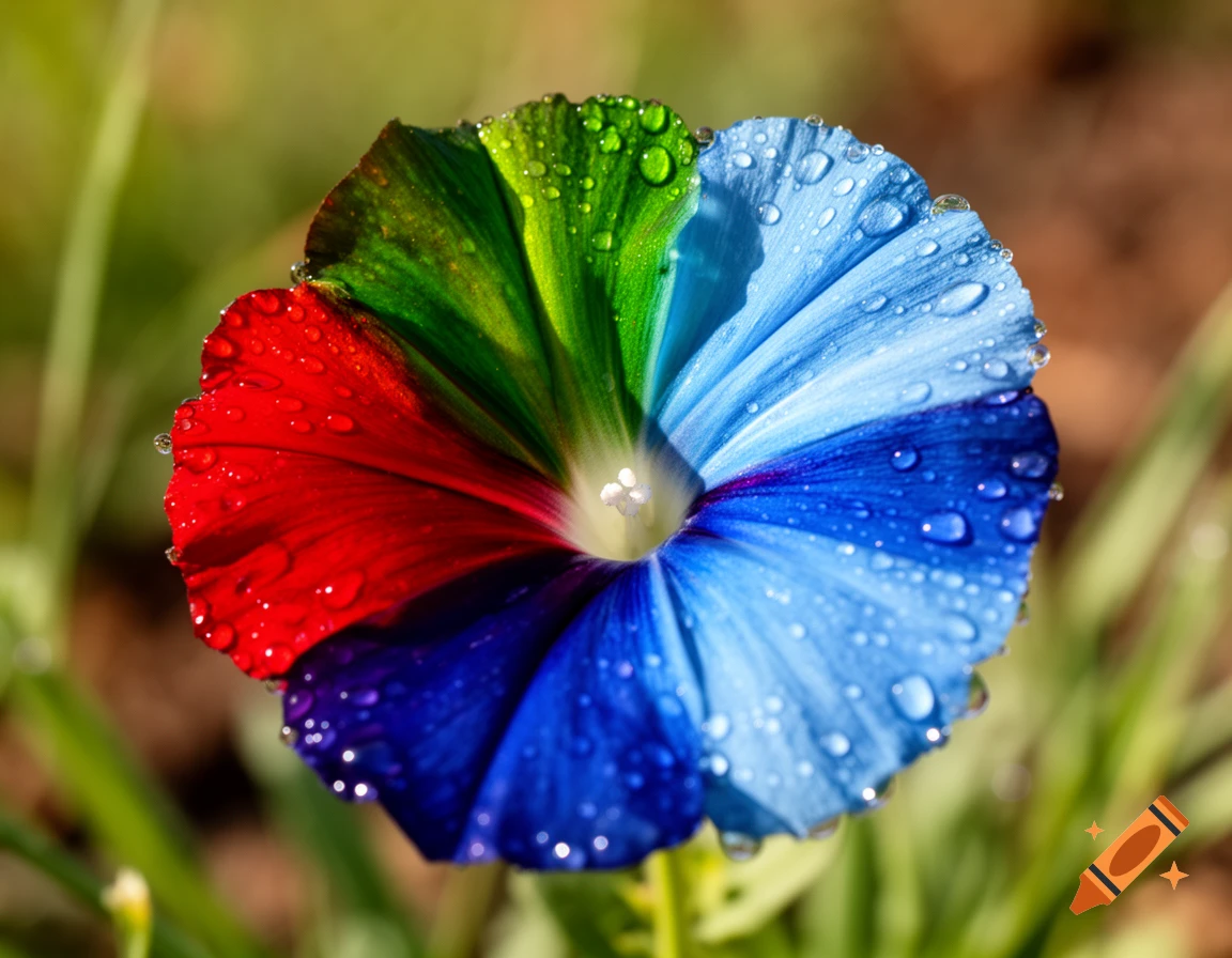 Close-up of a vibrant flower with petals sectioned in red, green, light blue, and dark blue, covered in water droplets.