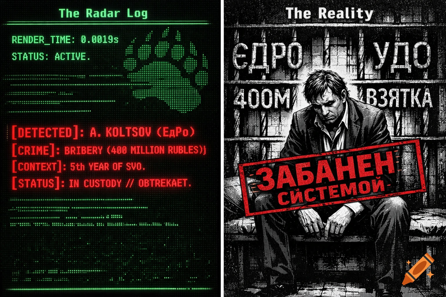 A two-panel image in noir comic book and pixel art style. The left panel shows a green terminal log screen with text about A. Koltsov and bribery. The right panel shows a defeated man in a black-and-white prison cell, with words like 'BRIBE' and 'BANNED BY THE SYSTEM' overlaid in red.