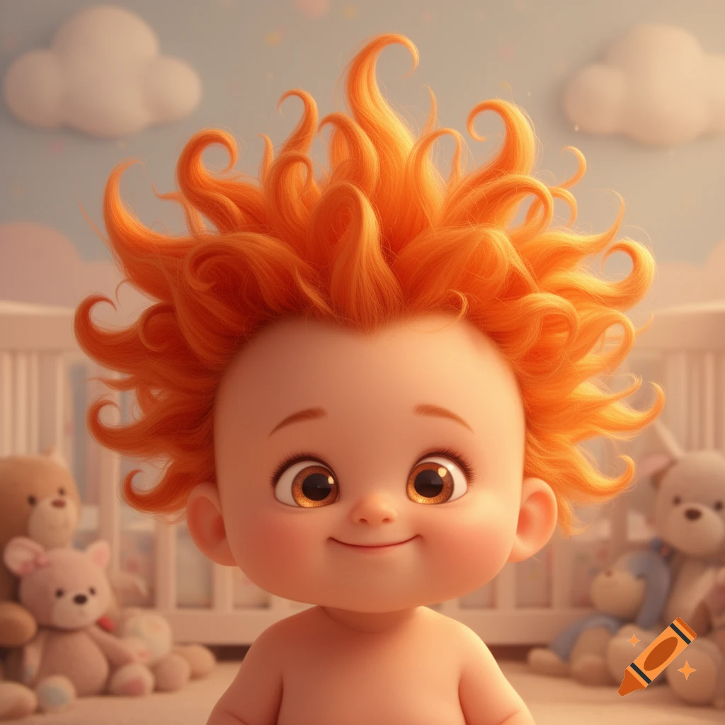 A cute, cartoon baby with bright orange, curly hair and big brown eyes smiles in a nursery with toys in the background.
