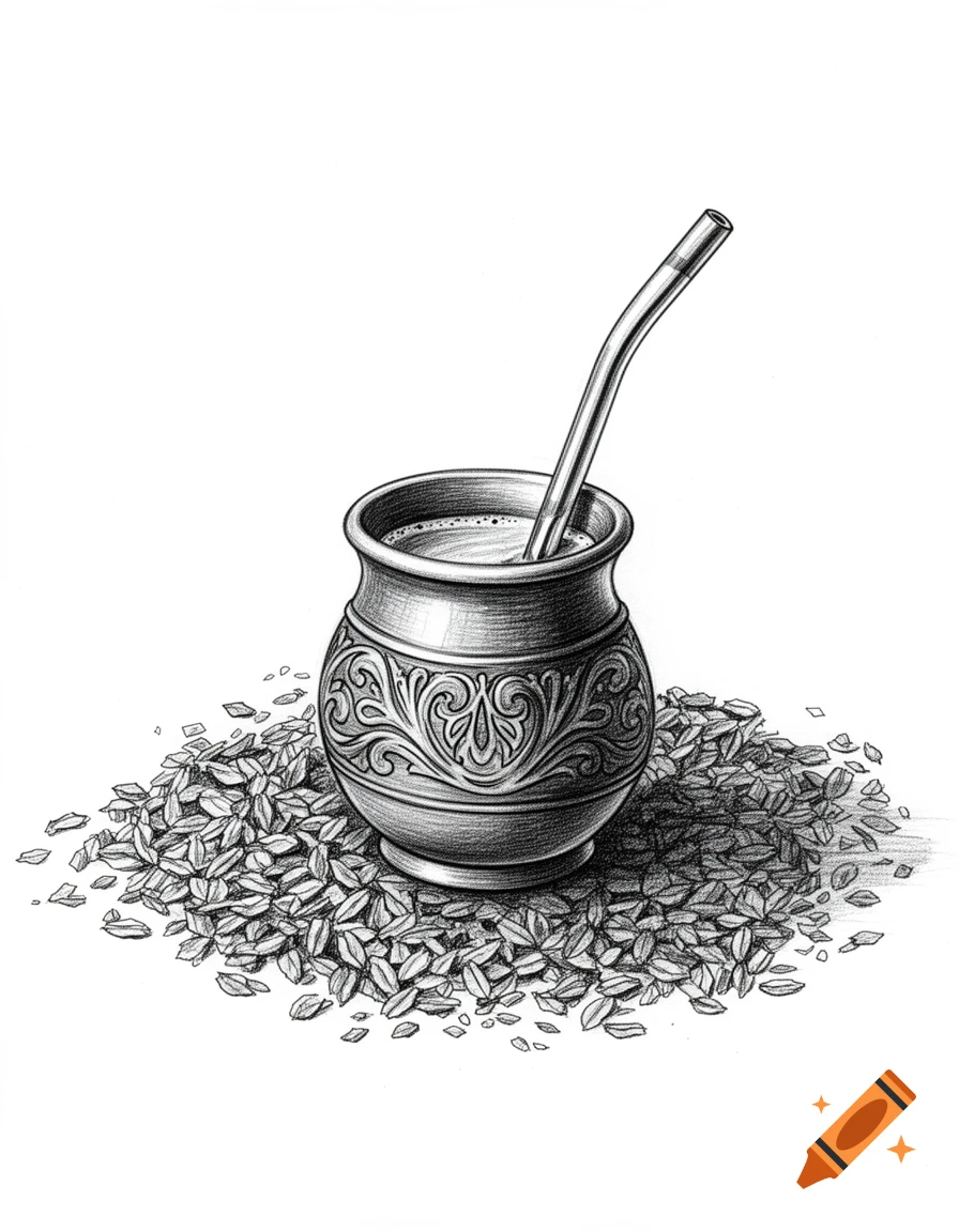 A detailed black and white pen and ink sketch of an ornate mate gourd with a bombilla straw, surrounded by loose yerba mate leaves on a white background.