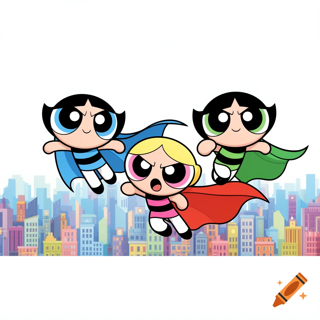 Three Powerpuff Girls in blue, pink, and green outfits flying over a colorful city skyline.
