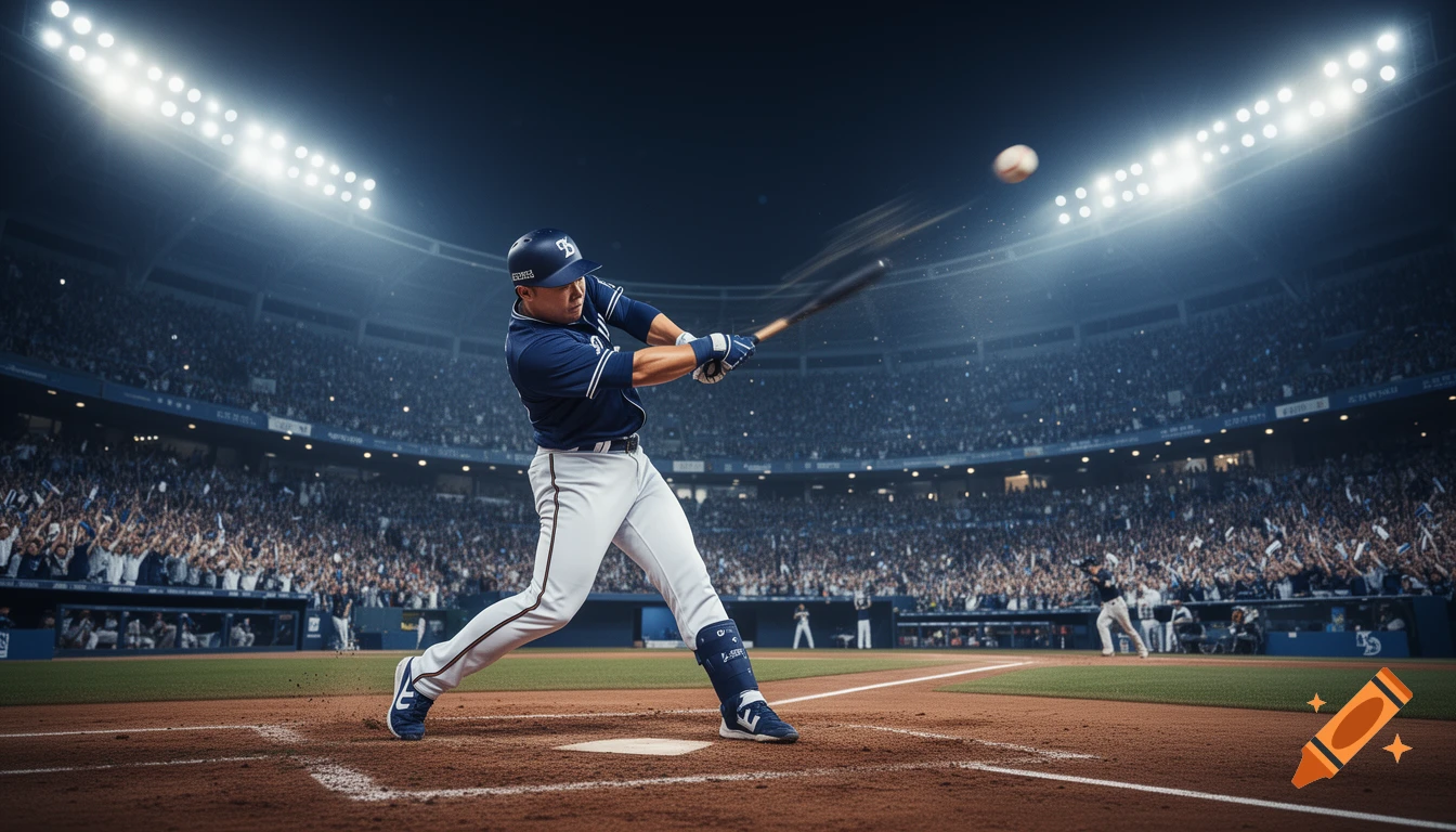 A baseball player in a navy blue uniform swings a bat, hitting a ball in a brightly lit stadium at night, with cheering fans in the background. Photorealistic style.
