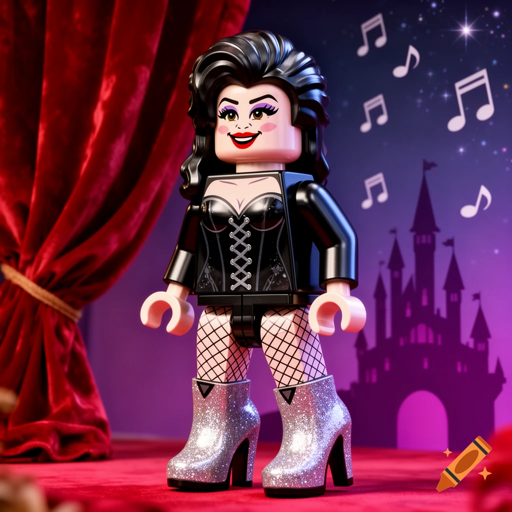 A Lego minifigure of Frank N. Furter wearing a black corset, fishnets, and sparkly boots, on a red stage with a castle backdrop and musical notes.