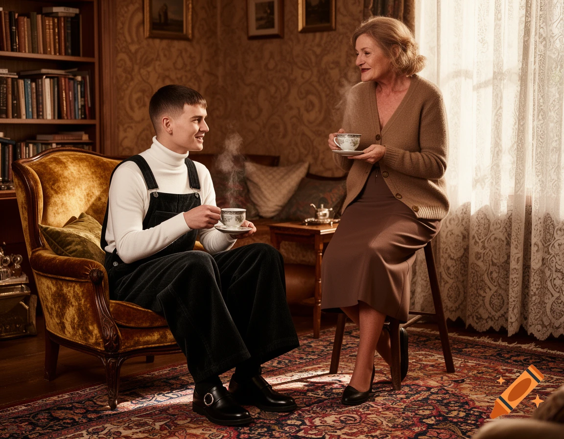 A young person in overalls and a white turtleneck sips tea while talking to an older woman in a cardigan and skirt in a cozy living room.