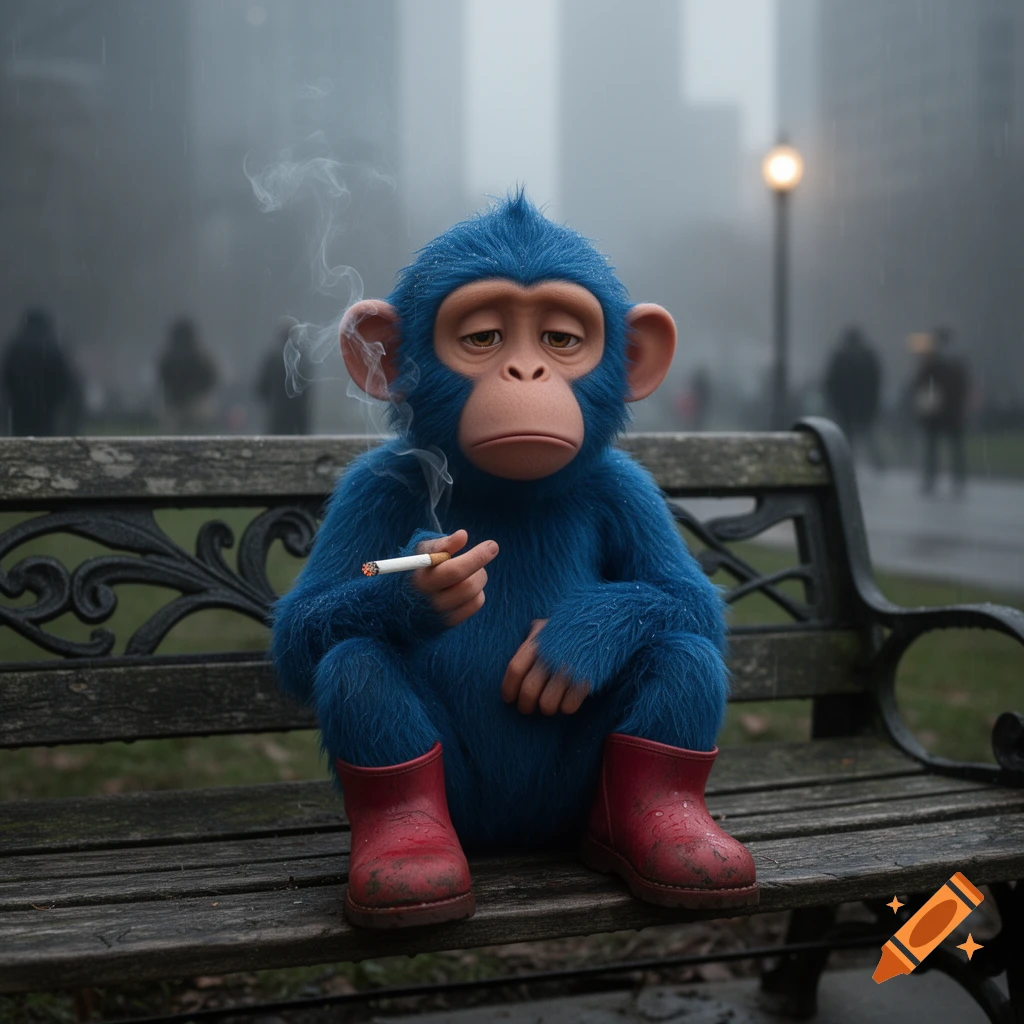 A sad, blue, hyper-realistic monkey resembling Boots from Dora, wearing red boots, sits on a wet park bench smoking a cigarette in the rain.