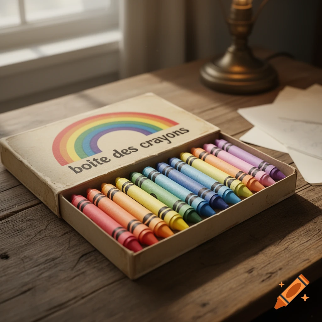 A photorealistic image of an open box of colorful crayons, labeled 'boite des crayons', sitting on a rustic wooden table.