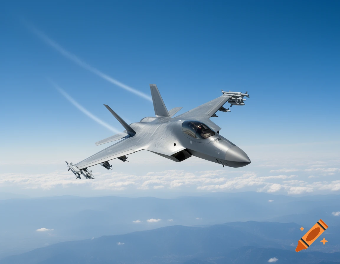 Photorealistic silver fighter jet flying high in a clear blue sky above clouds.