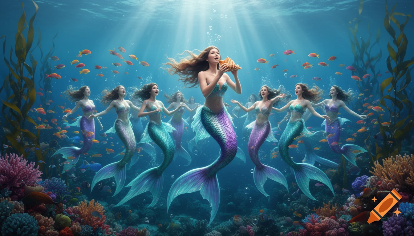 Multiple mermaids, one singing into a conch shell, surrounded by others in a vibrant underwater coral reef with fish and kelp.