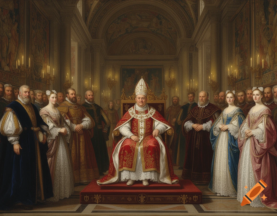 Pope Leo X sits on a throne, surrounded by elegantly dressed men and women in a grand Renaissance-era hall, painting.