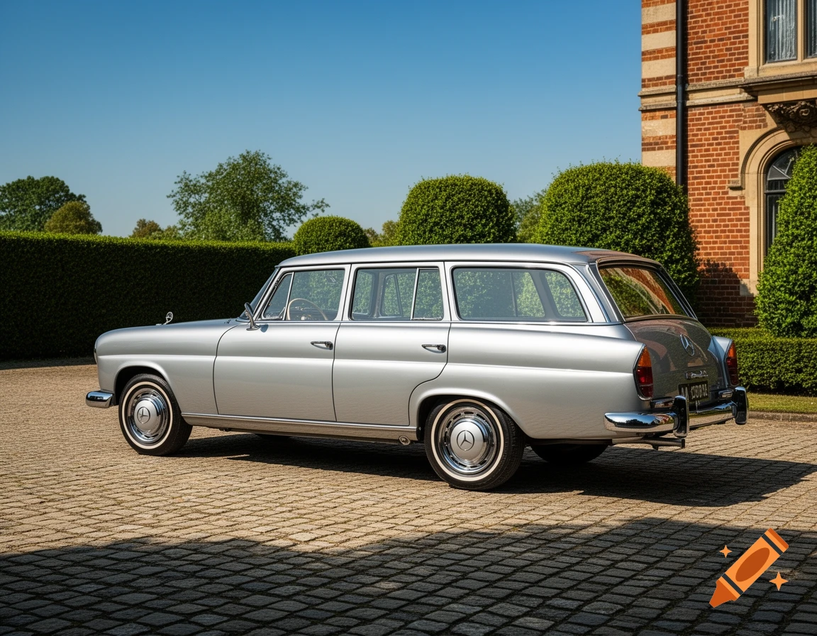 A silver 1962 Mercedes-Benz 190 fintail station wagon is parked on a cobblestone driveway in front of a brick building and green hedges.