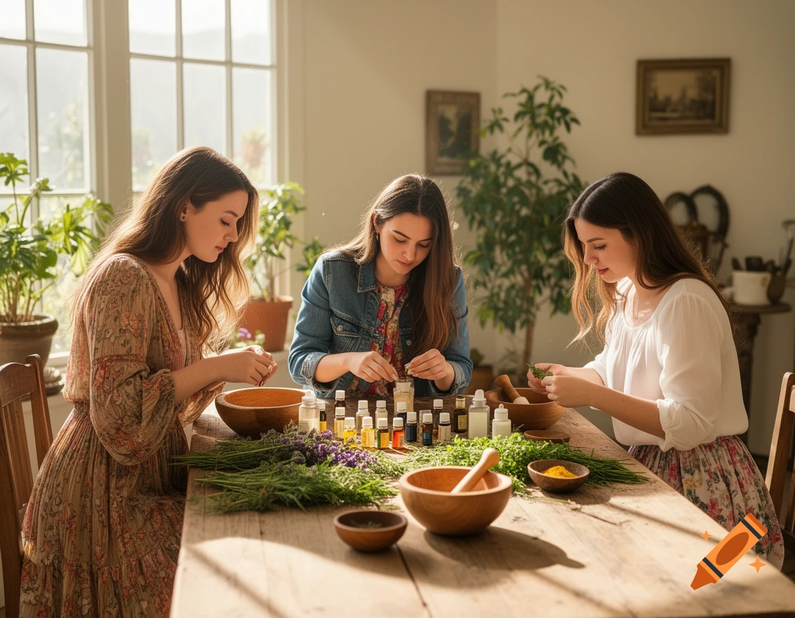 Three young women gather around a sunlit wooden table, mixing herbs and essential oils to create DIY holistic products.