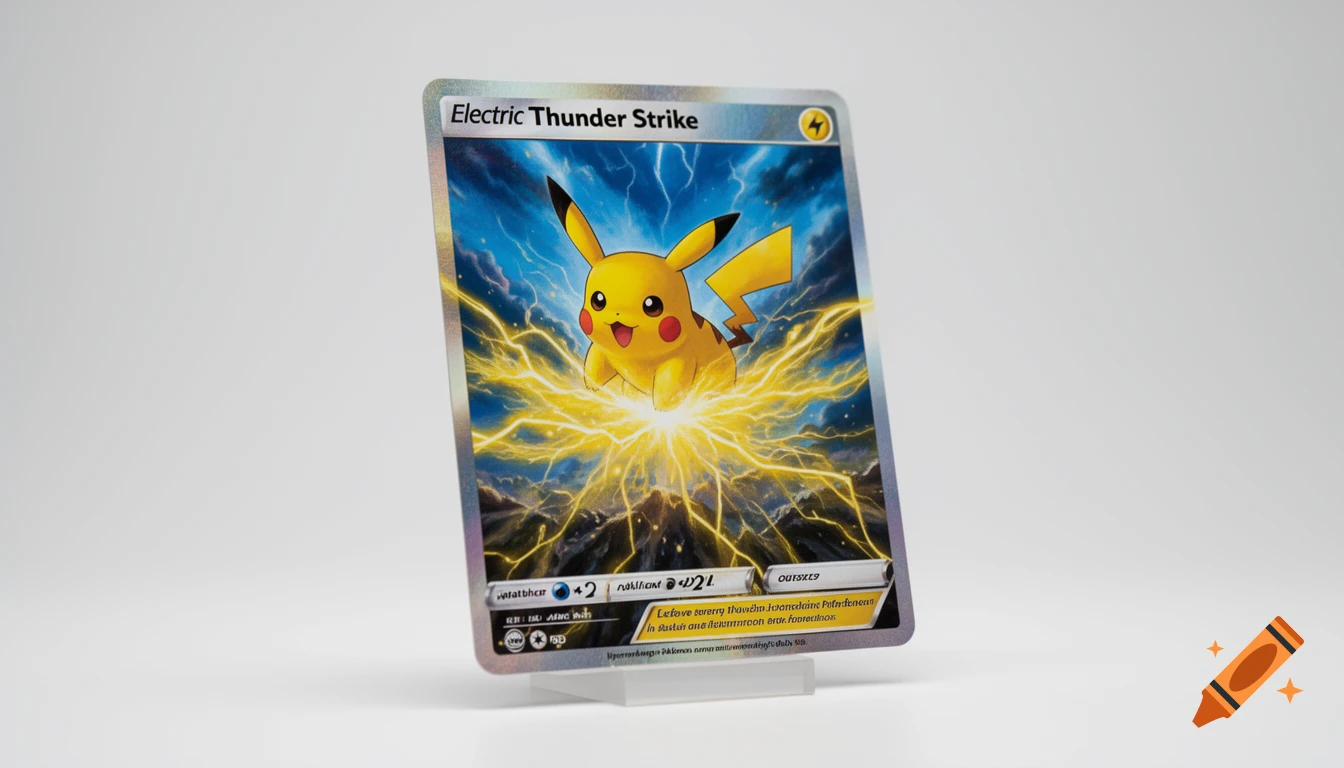 A detailed Pokémon trading card with Pikachu amid lightning on a clear stand against a white background.