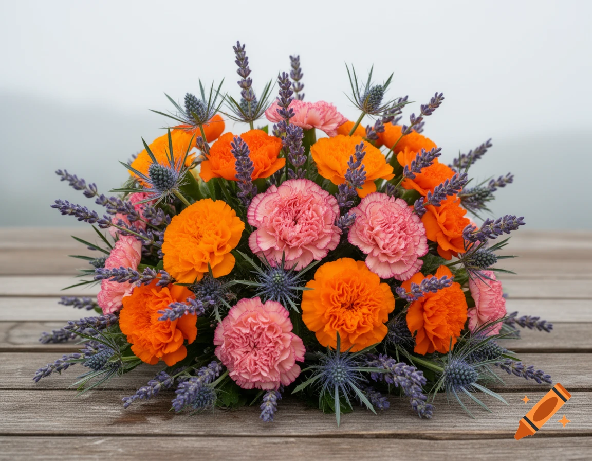 A vibrant bouquet of pink carnations, orange poppies, purple lavender, and blue thistles on a wooden table.