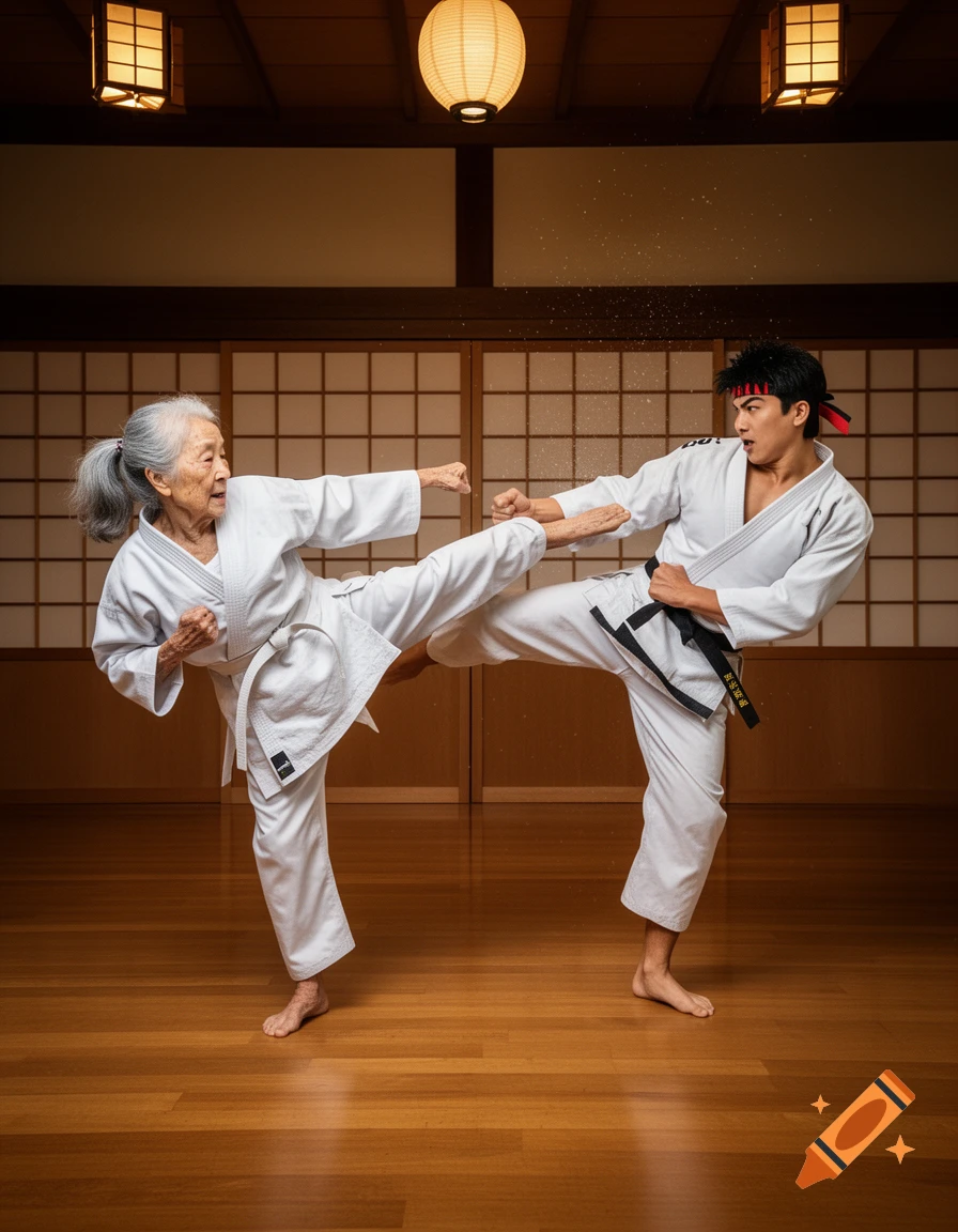 Elderly woman in white karate gi kicks a younger man in a dojo, a dynamic martial arts scene.