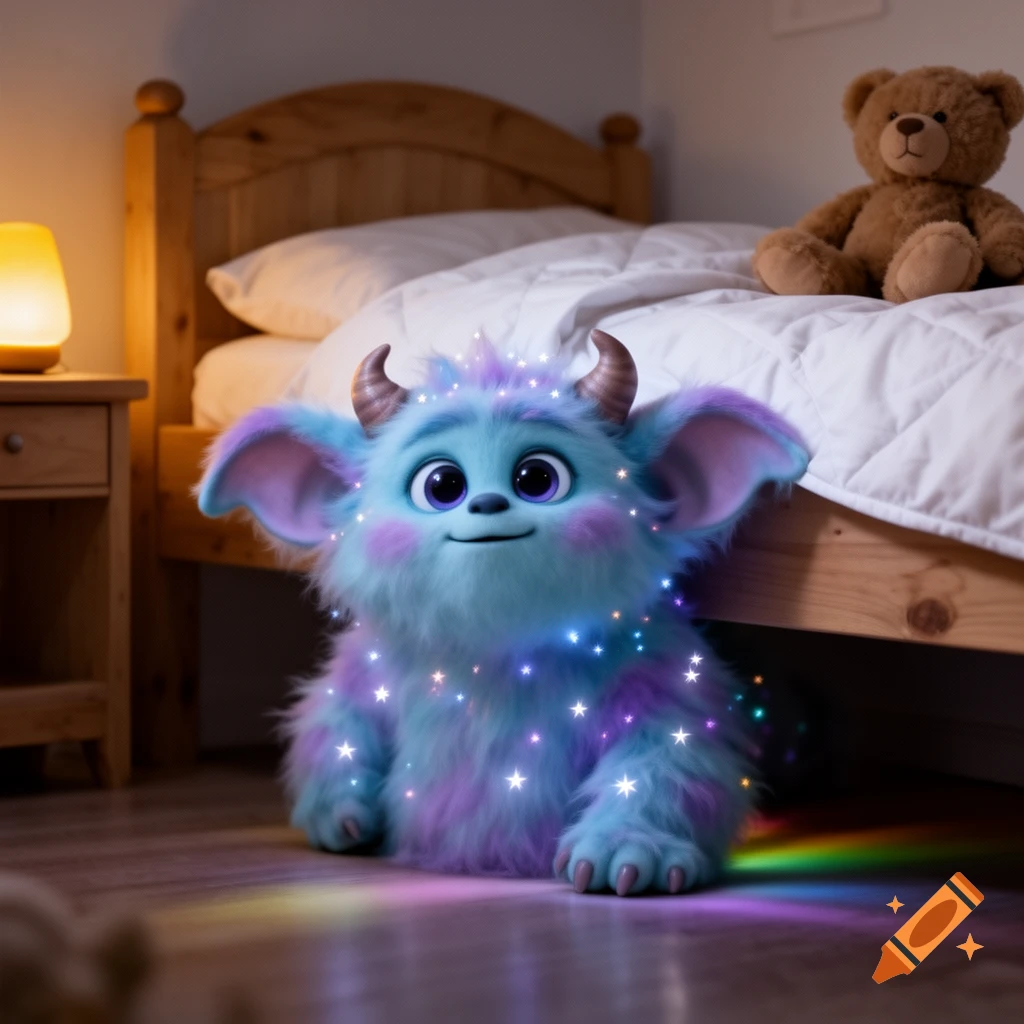 A cute, fluffy blue and purple monster with horns and glowing sparkles sits on a bedroom floor next to a wooden bed.