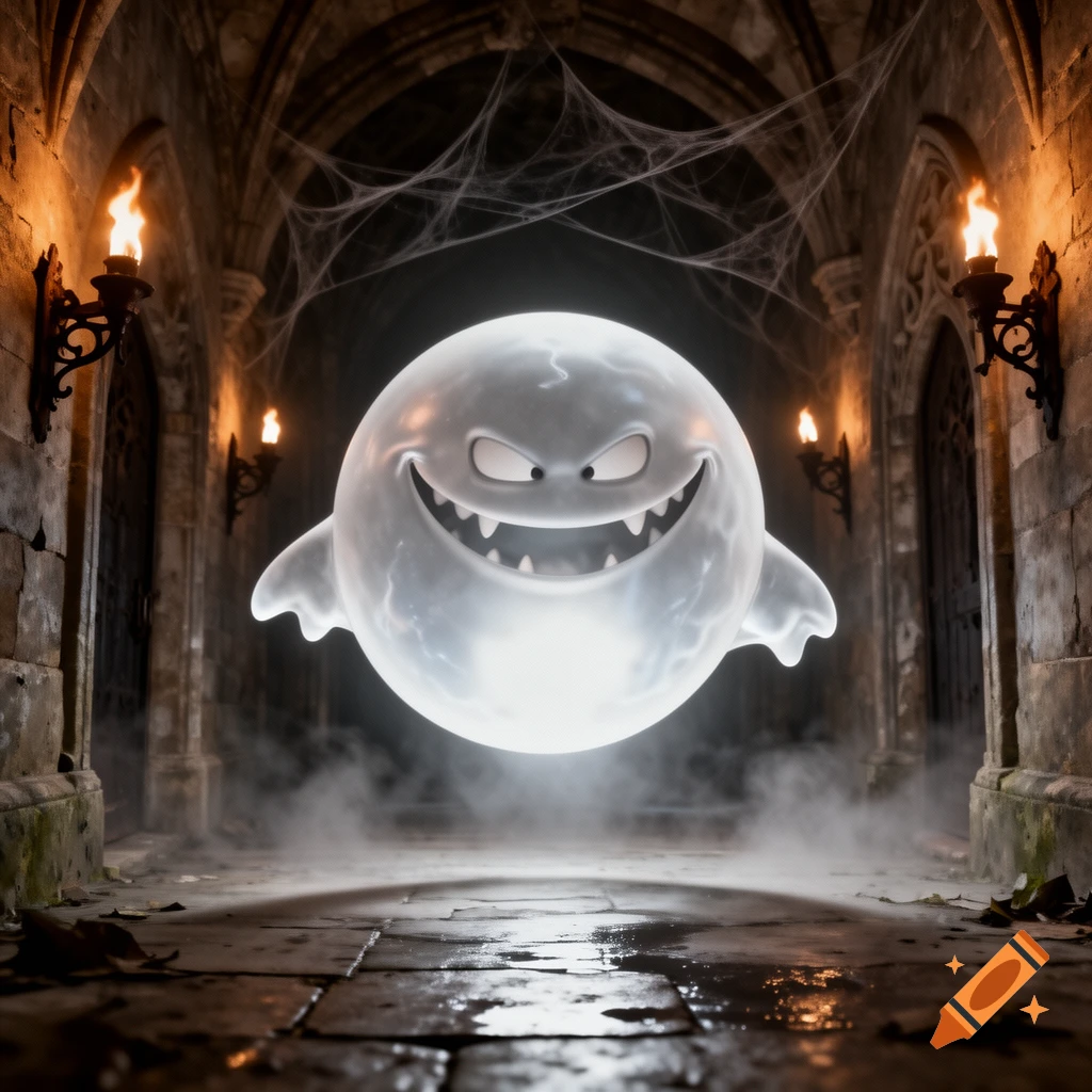 A large, grinning white ghost with pointed teeth floats in a dark, cobweb-filled gothic hallway lit by torches.