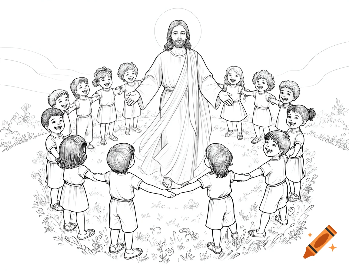 Black and white line art coloring page of Jesus surrounded by smiling children holding hands in a grassy field.