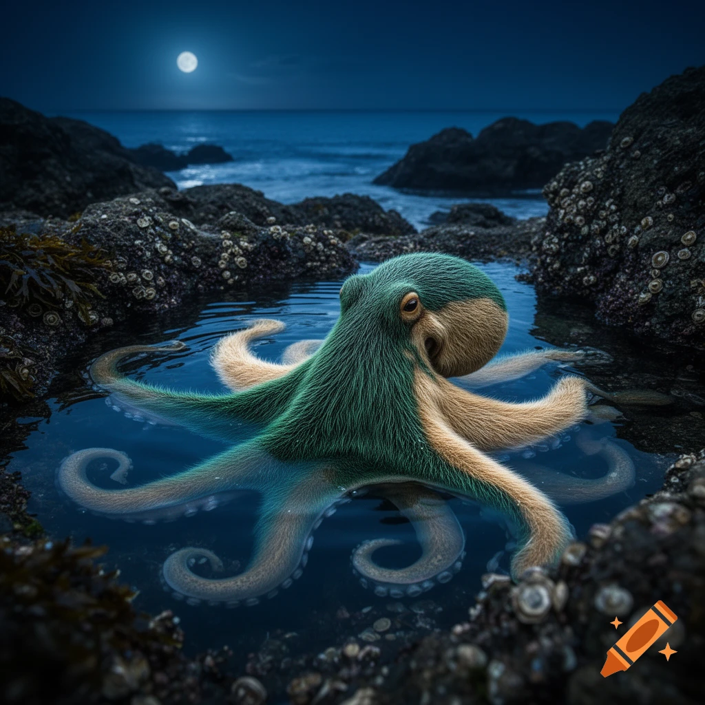 A furry octopus with green and tan fur sits in a tide pool at night under a full moon, with rocks and ocean waves in the background.