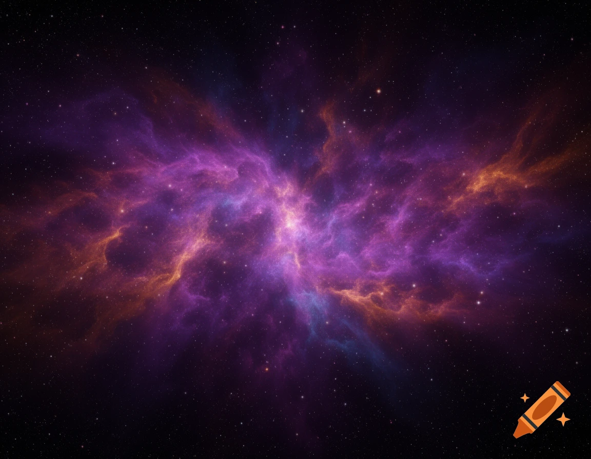 A vibrant purple and orange nebula with bright gas clouds and distant stars against a dark cosmic background.