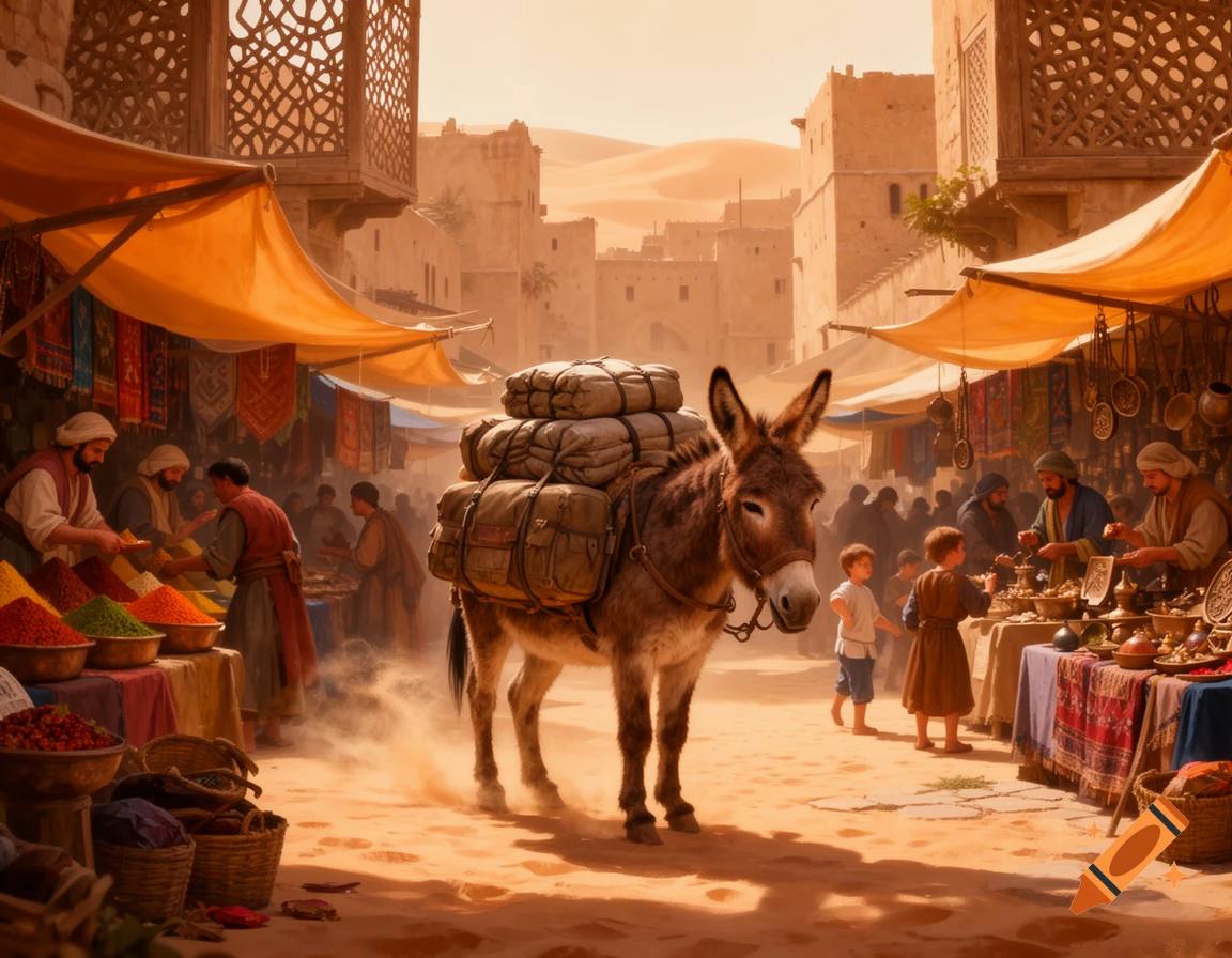 A loaded mule in a bustling, warm-toned fantasy art market of a desert city with people and spice stalls.