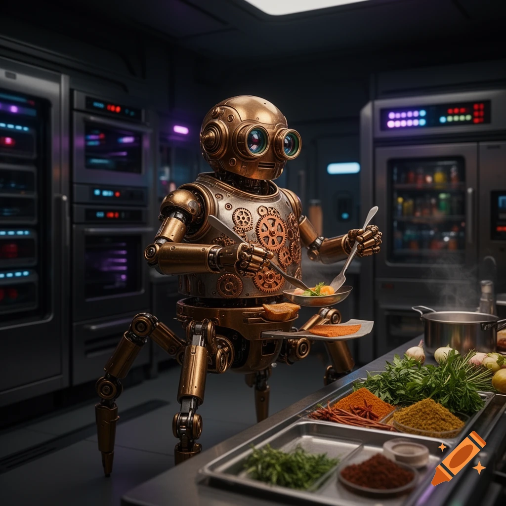 A gold, steampunk-style robot with spider legs cooks in a futuristic kitchen, stirring food in a pan with spices nearby.