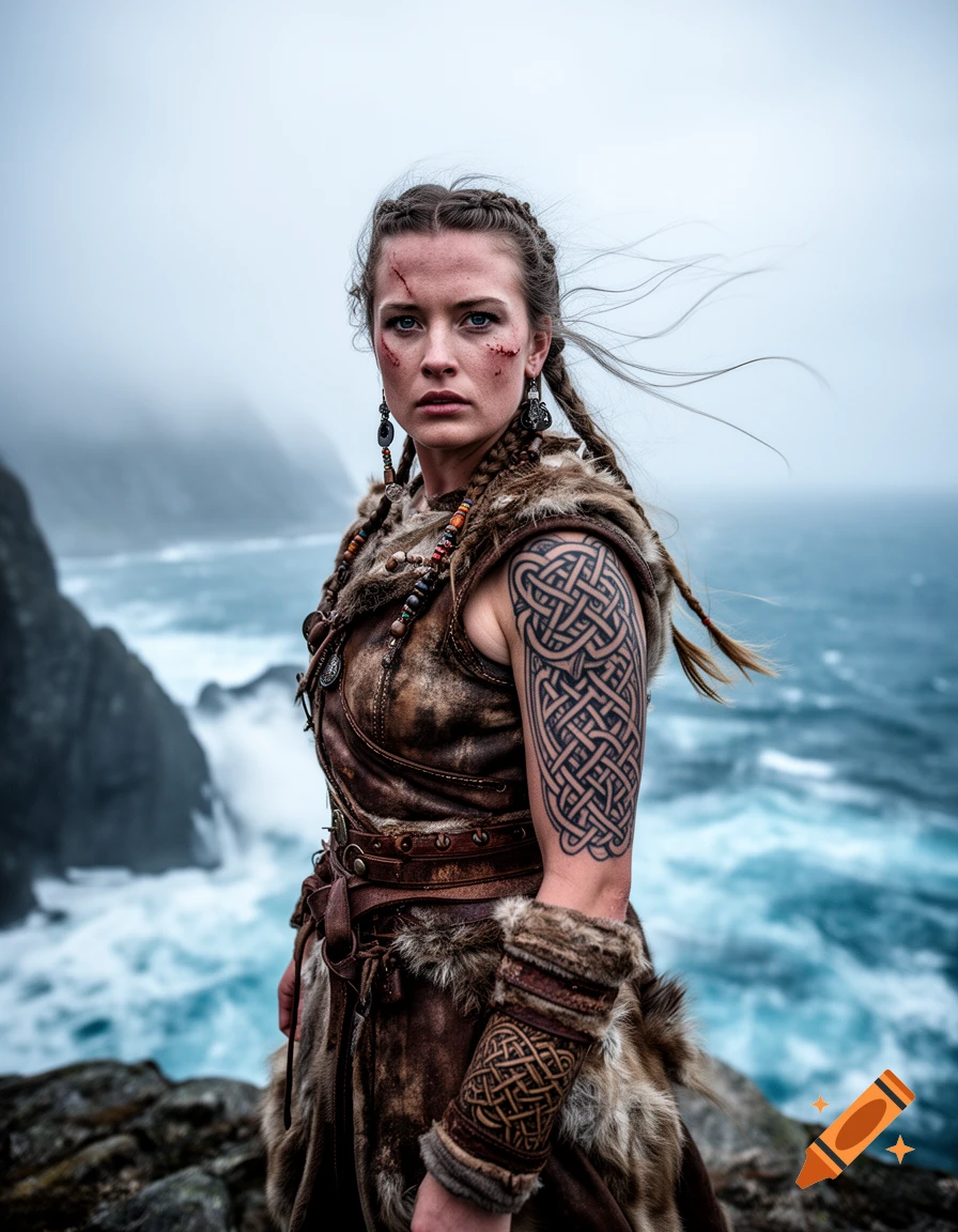 A fierce Viking warrior woman with facial scars and a Celtic knot tattoo, dressed in fur and leather, stands by a stormy sea.
