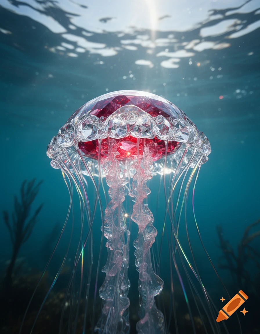 A dazzling crystal and ruby jellyfish glows underwater with sunlight filtering from the surface, surrounded by ethereal tendrils.