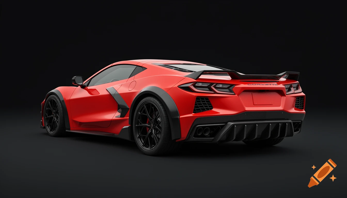 Photorealistic render of a red Chevrolet C8 Corvette's redesigned rear end with black accents against a dark background.