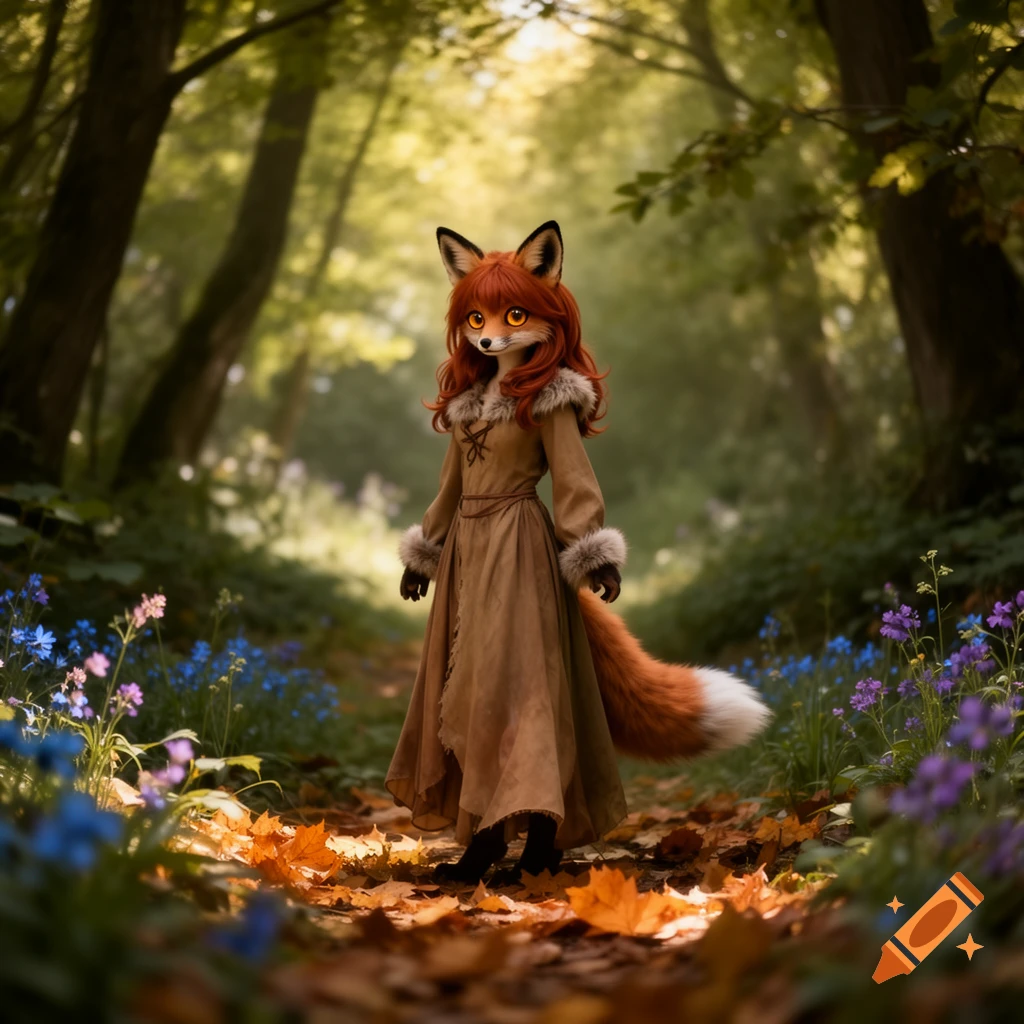 A red-haired anthropomorphic fox girl in a brown dress stands on a leaf-strewn path in a lush, sunlit forest.
