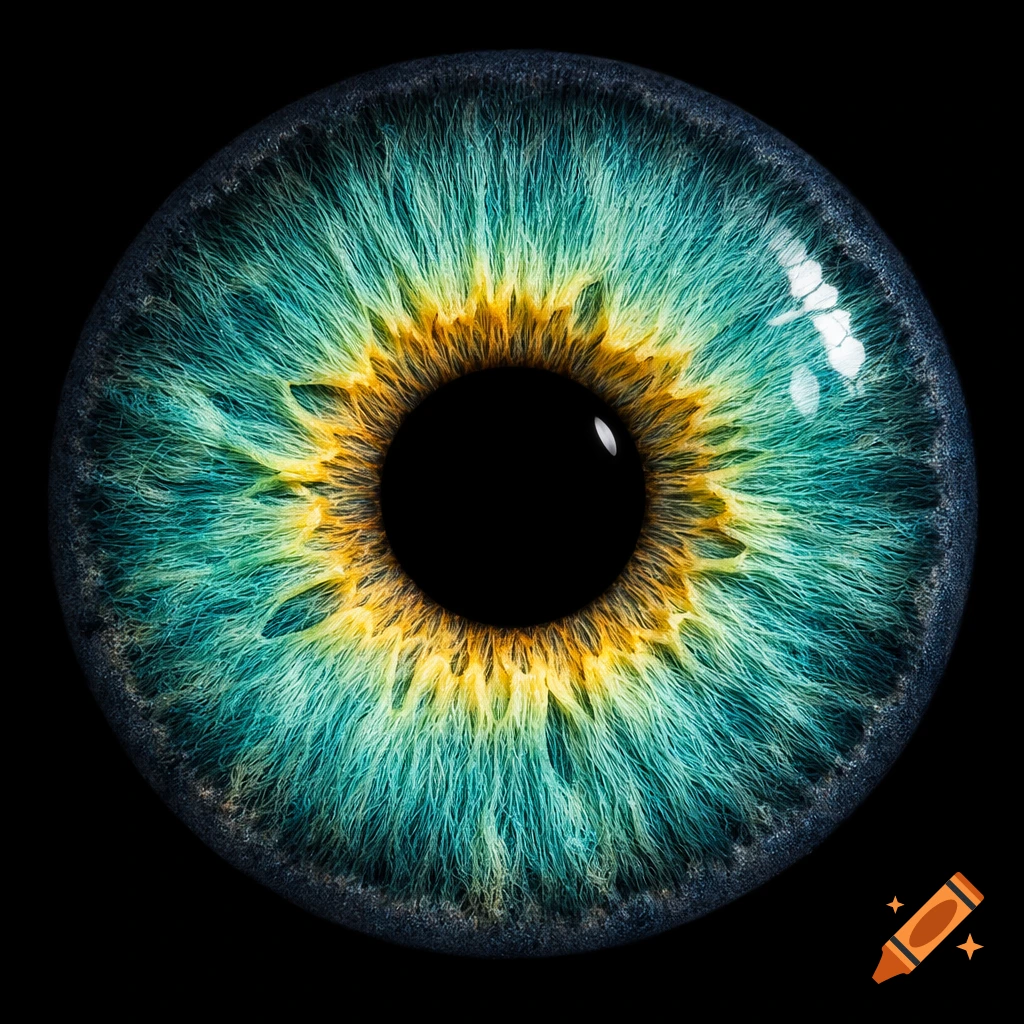 Ultra detailed macro photograph of a human iris with blue-green and golden-yellow colors on a black background.