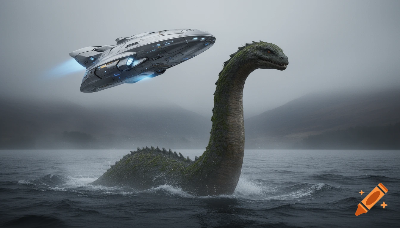 Photorealistic Loch Ness Monster emerges from a misty lake, looking up at a futuristic spaceship flying overhead.
