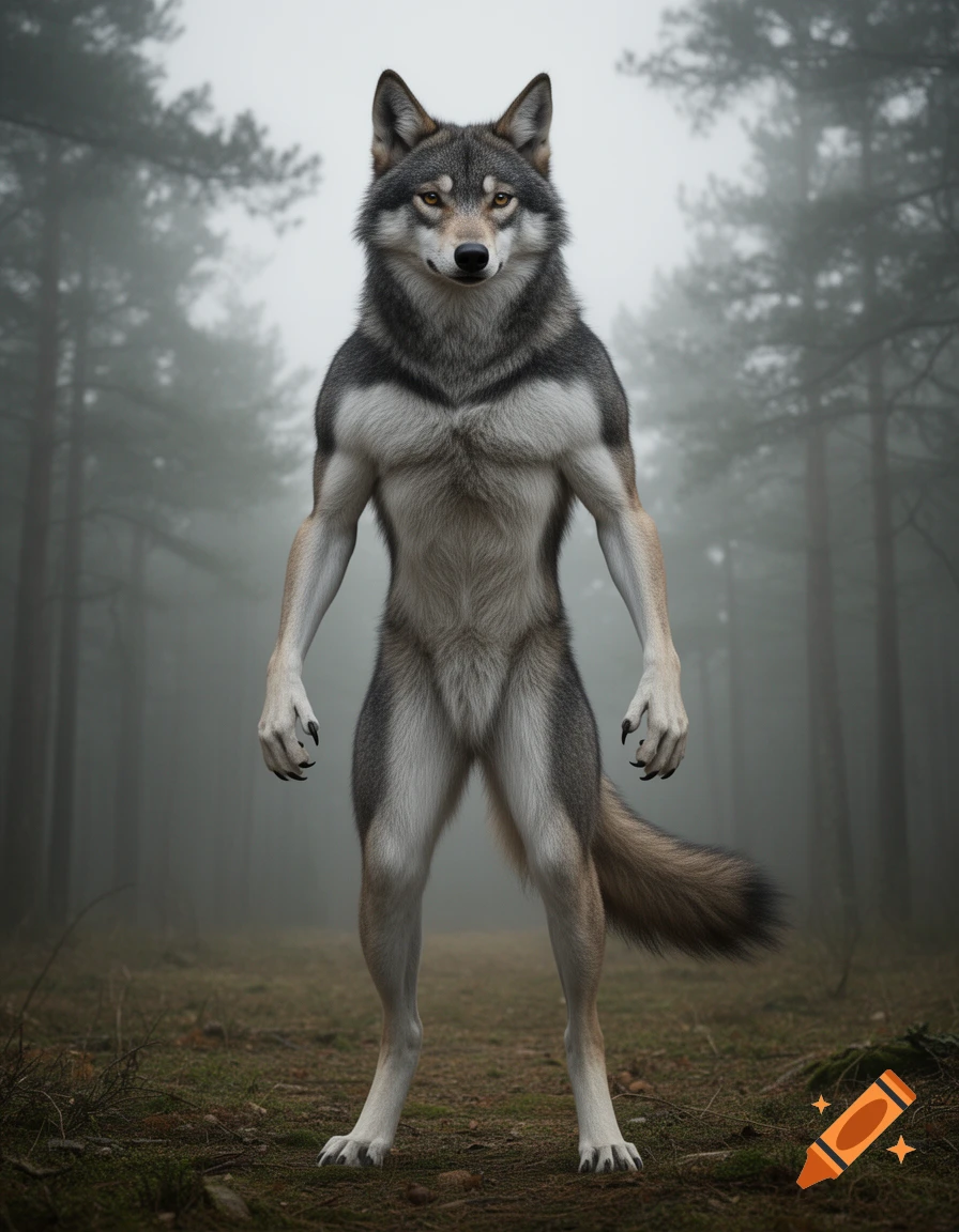 A muscular anthropomorphic grey and white wolf stands upright in a foggy forest.