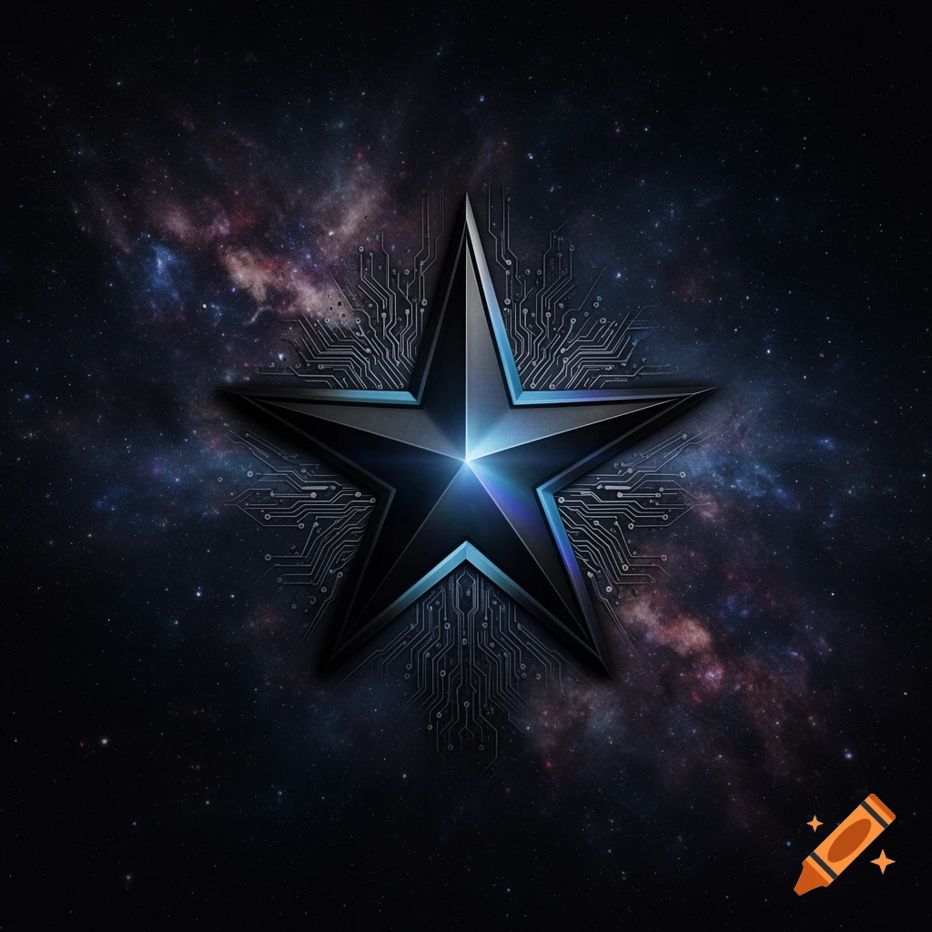A metallic five-pointed star with glowing blue edges and circuit patterns on a galaxy background.