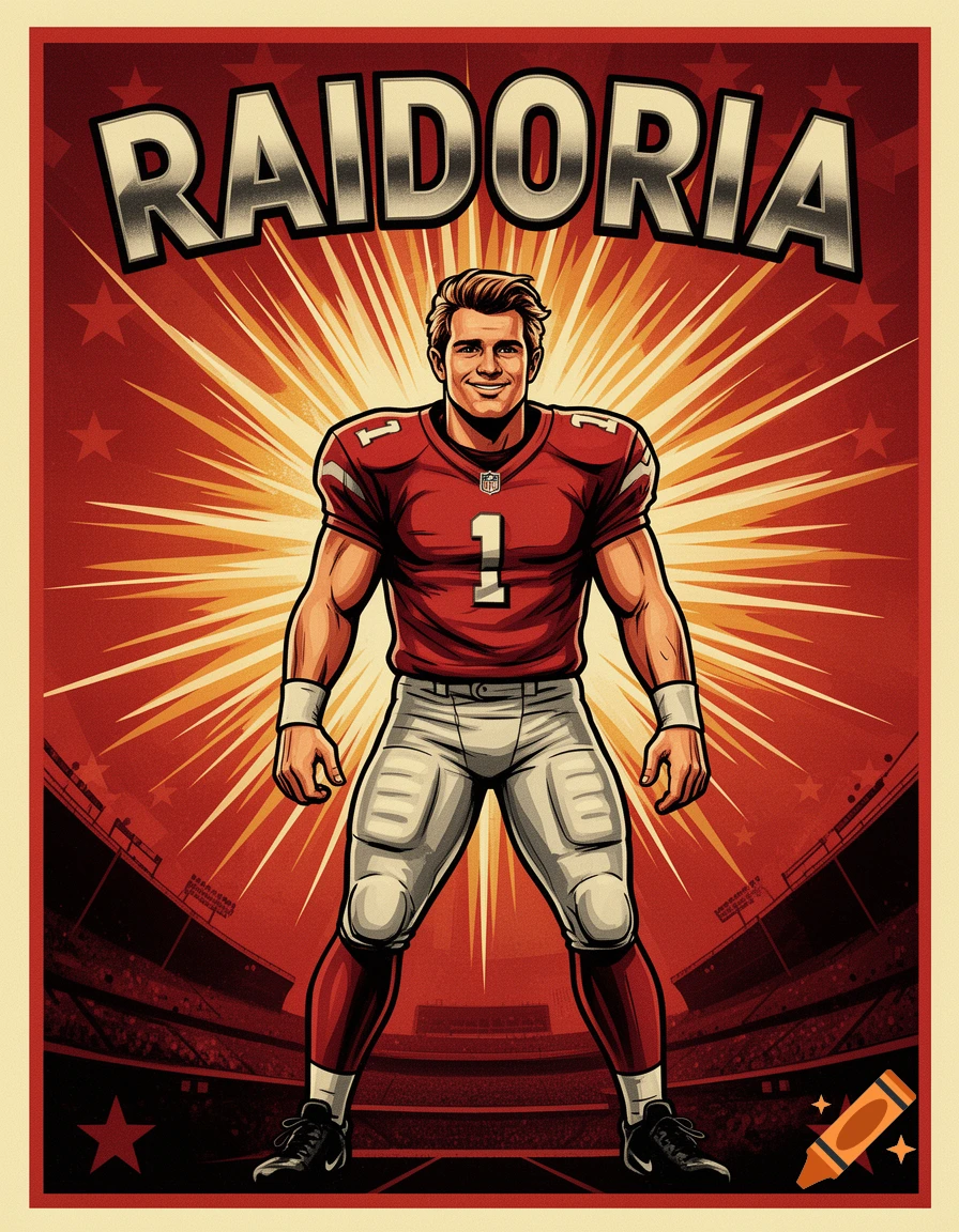 Cartoon propaganda poster of a smiling football player in a red jersey with number 1, standing in a stadium under the word "RAIDORIA".
