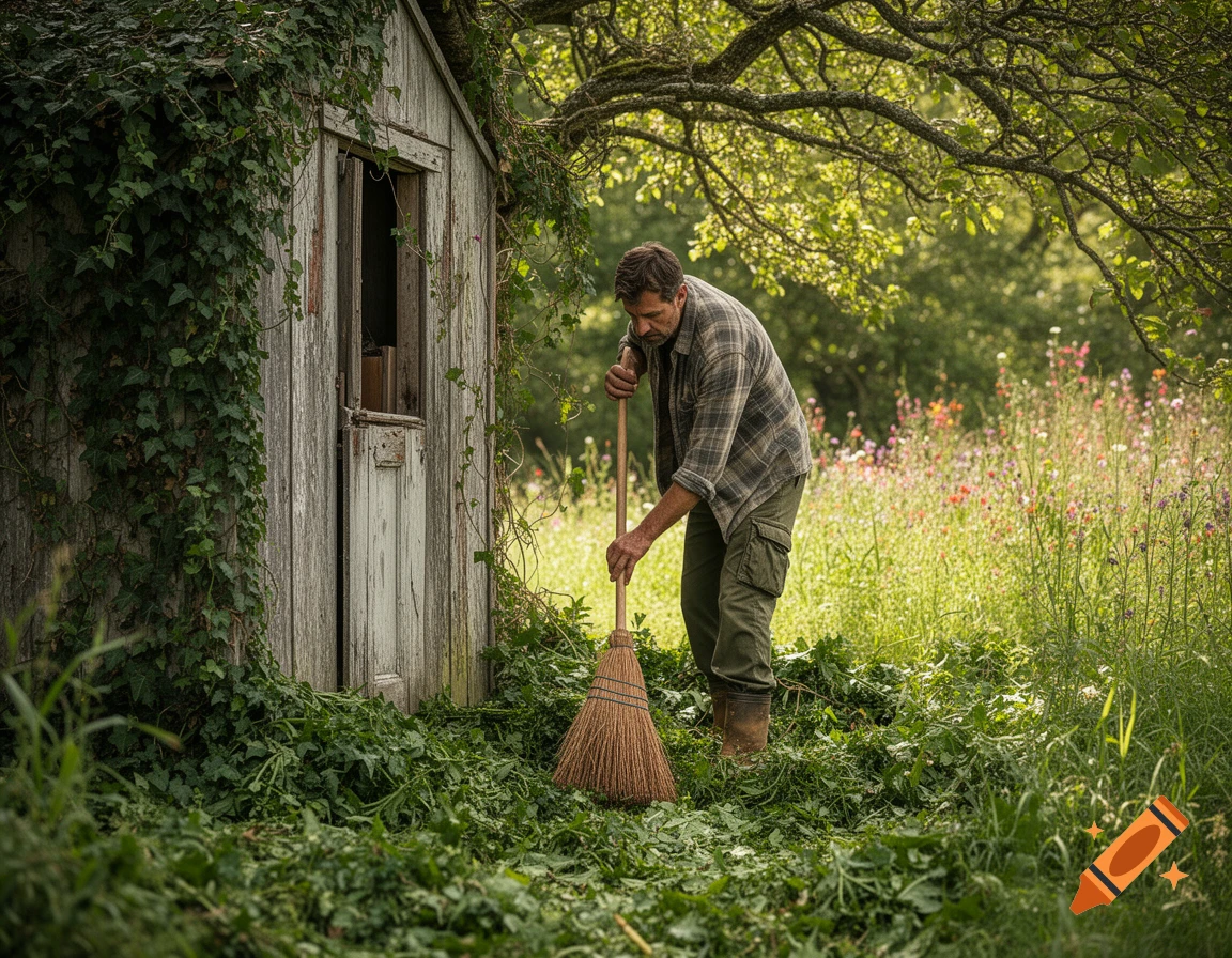 A man in a plaid shirt and cargo pants sweeps around an old, ivy-covered wooden shed amidst overgrown greenery and wildflowers.