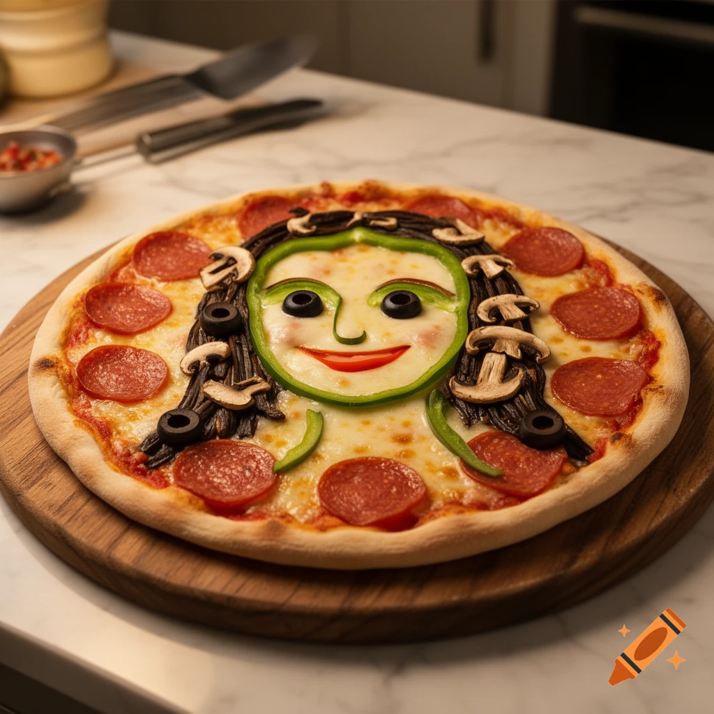 A pizza decorated to resemble the Mona Lisa, with a green bell pepper face, olive eyes, and mushroom hair, on a wooden board.