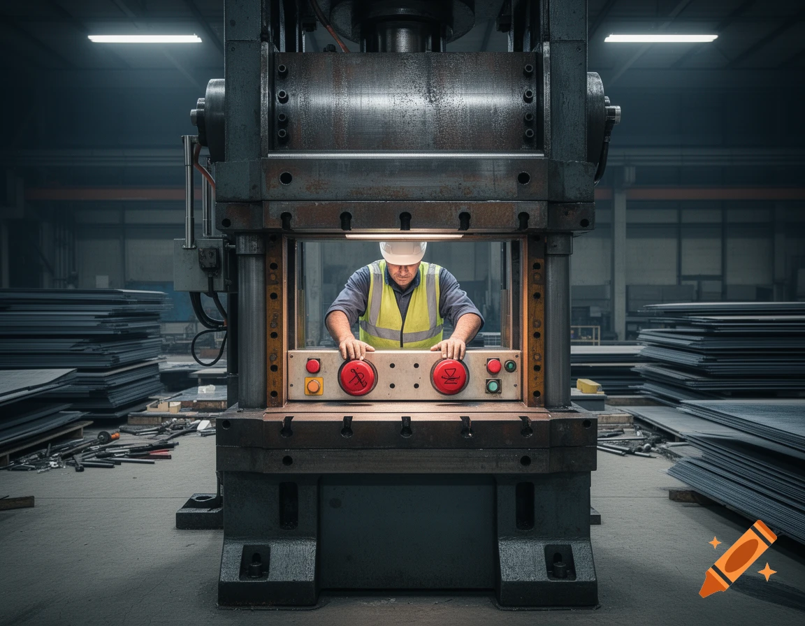 A man in a hard hat and safety vest operates a large, dark metal press in a factory.