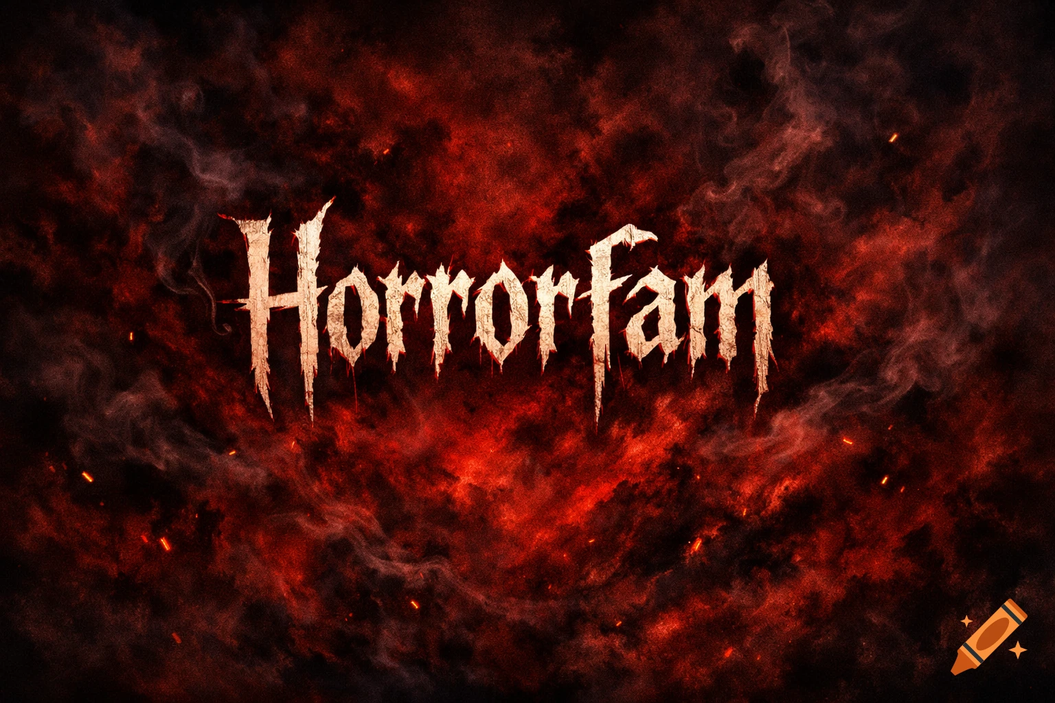 The word "Horrorfam" in a distressed, sharp, scary font against a swirling dark red and black smoky background with small embers.