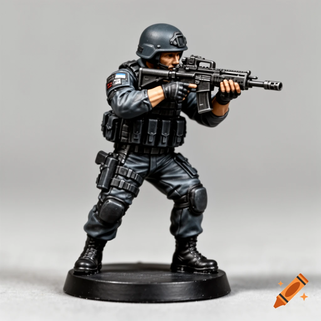 Highly detailed miniature of a tactical operator in dark grey uniform and helmet, aiming a rifle, macro photograph on grey background.