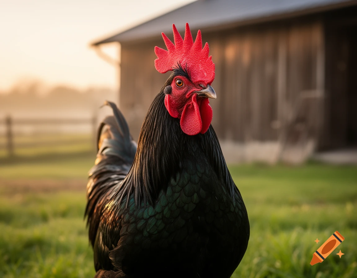 Close-up of a black rooster with a red comb and wattle standing in green grass with a barn in the blurred background at sunrise.