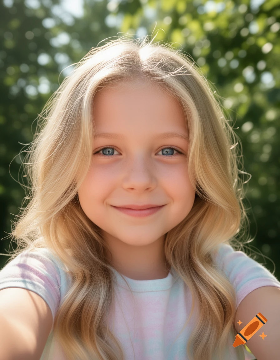 A smiling blonde young girl with blue eyes takes a selfie, with green foliage blurred in the background.