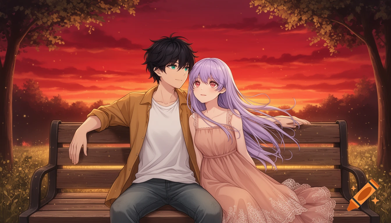 Anime boy and girl sit on a park bench, looking at a vibrant red sunset.