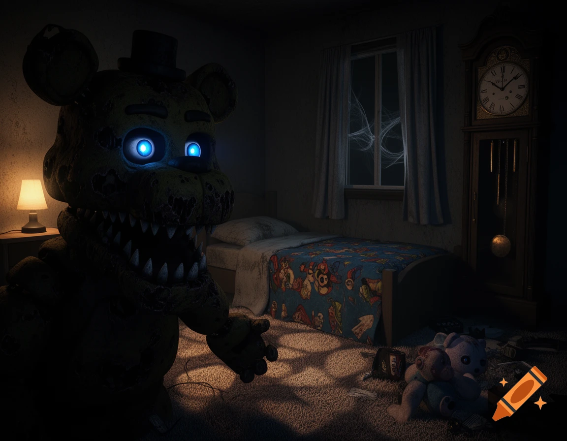 A creepy, worn animatronic bear with glowing blue eyes and sharp teeth looms in a dark child's bedroom with a bed and grandfather clock.