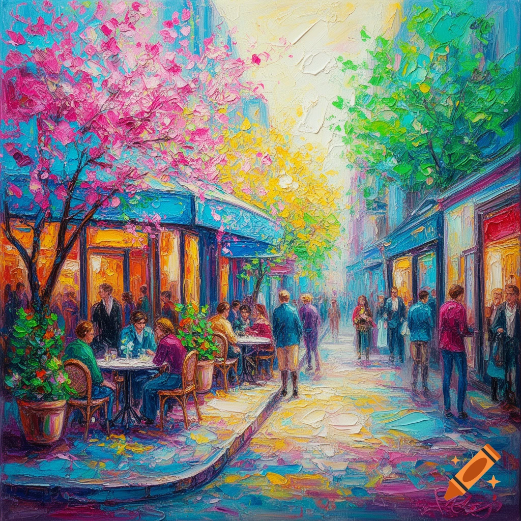Vibrant abstract expressionism painting of a spring street scene with a cafe, people, and pink flowering trees.