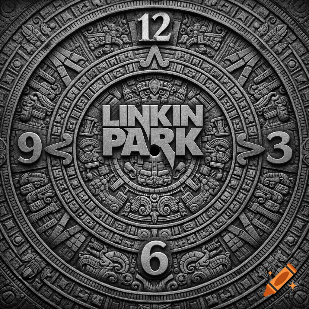 A grayscale stone relief carving resembling a Mayan calendar, with numbers 12, 3, 6, 9 marking hours, and 'LINKIN PARK' prominently in the center.