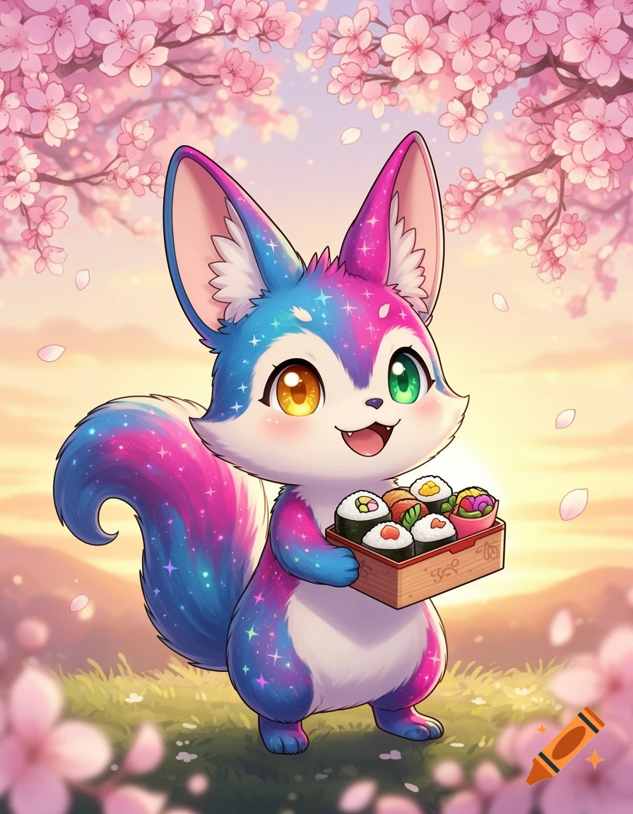 A cute, galaxy-patterned fox-like creature with heterochromia holds a box of sushi under cherry blossoms at sunset. Anime style.